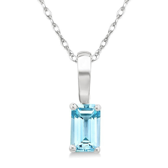 5X3 MM Octagon Shape Aquamarine Semi-Precious Solitaire Pendant With Chain in 10K White Gold