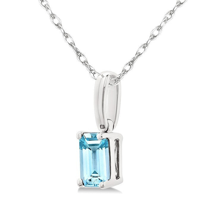 5X3 MM Octagon Shape Aquamarine Semi-Precious Solitaire Pendant With Chain in 10K White Gold