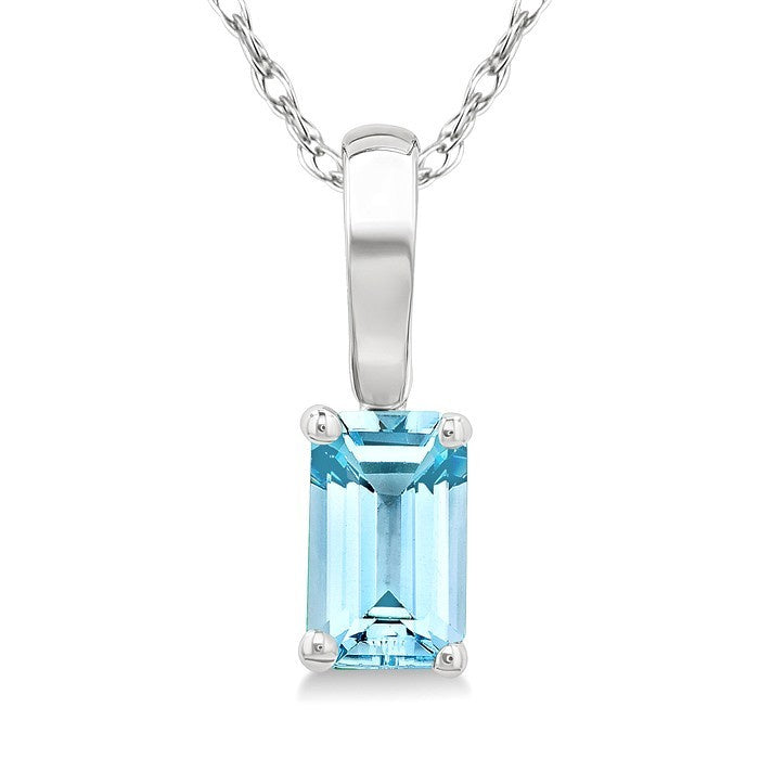 5X3 MM Octagon Shape Aquamarine Semi-Precious Solitaire Pendant With Chain in 10K White Gold