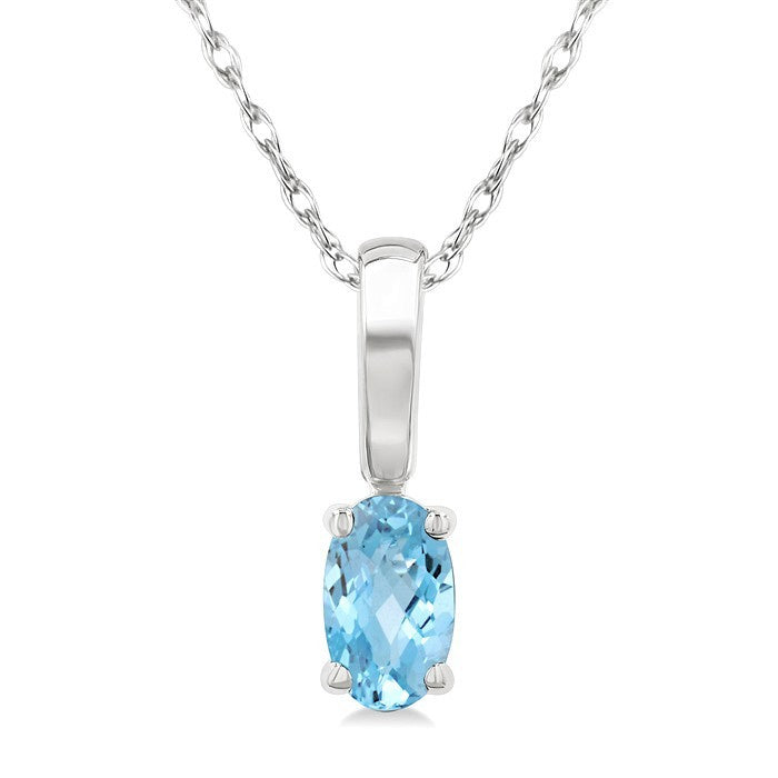 5X3 MM Oval Shape Aquamarine Semi-Precious Solitaire Pendant With Chain in 10K White Gold