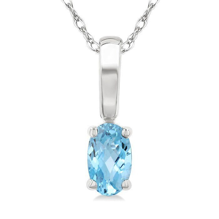 5X3 MM Oval Shape Aquamarine Semi-Precious Solitaire Pendant With Chain in 10K White Gold