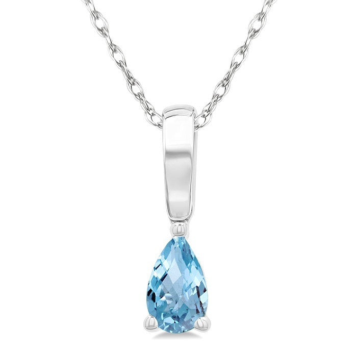 5X3 MM Pear Shape Aquamarine Semi-Precious Solitaire Pendant With Chain in 10K White Gold
