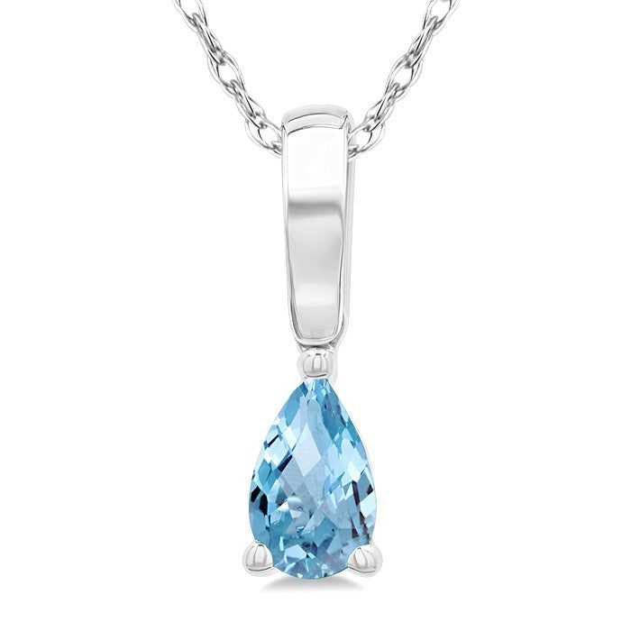 5X3 MM Pear Shape Aquamarine Semi-Precious Solitaire Pendant With Chain in 10K White Gold