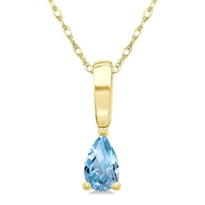 5X3 MM Pear Shape Aquamarine Semi-Precious Solitaire Pendant With Chain in 10K Yellow Gold
