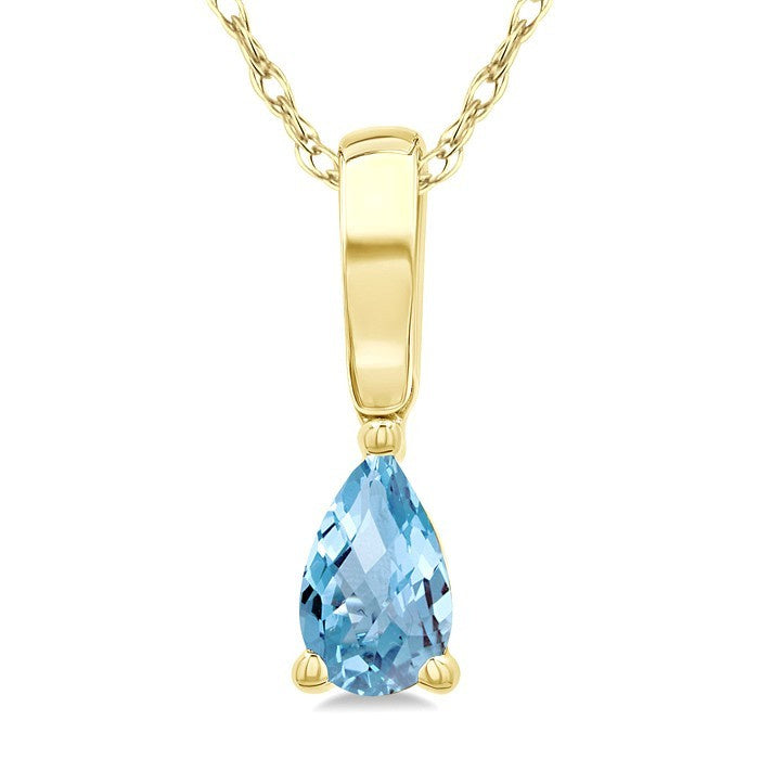 5X3 MM Pear Shape Aquamarine Semi-Precious Solitaire Pendant With Chain in 10K Yellow Gold