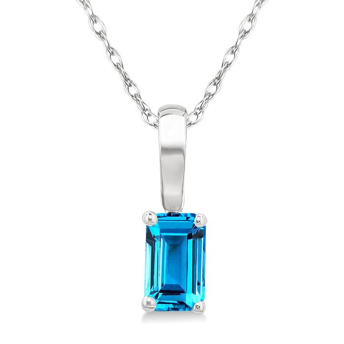 5X3 MM Octagon Shape Blue Topaz Semi-Precious Solitaire Pendant With Chain in 10K White Gold