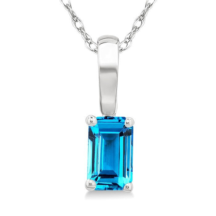 5X3 MM Octagon Shape Blue Topaz Semi-Precious Solitaire Pendant With Chain in 10K White Gold