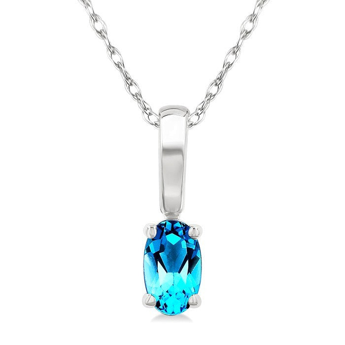 5X3 MM Oval Shape Blue Topaz Semi-Precious Solitaire Pendant With Chain in 10K White Gold