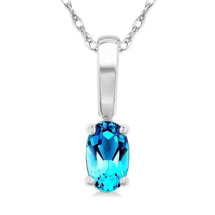 5X3 MM Oval Shape Blue Topaz Semi-Precious Solitaire Pendant With Chain in 10K White Gold