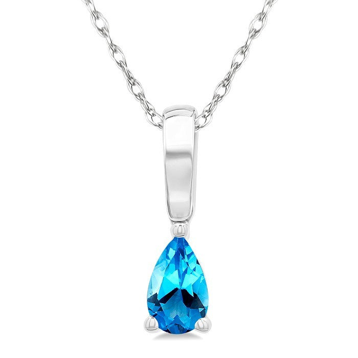 5X3 MM Pear Shape Blue Topaz Semi-Precious Solitaire Pendant With Chain in 10K White Gold