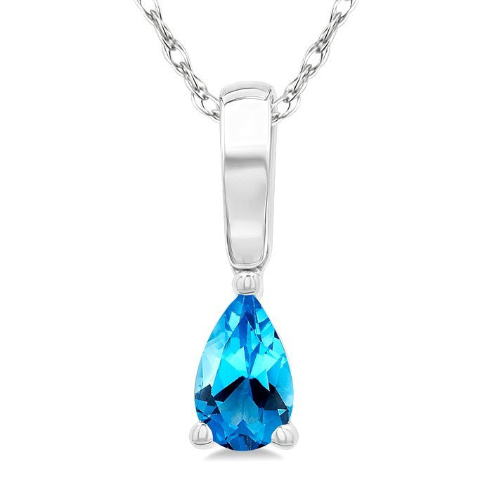 5X3 MM Pear Shape Blue Topaz Semi-Precious Solitaire Pendant With Chain in 10K White Gold