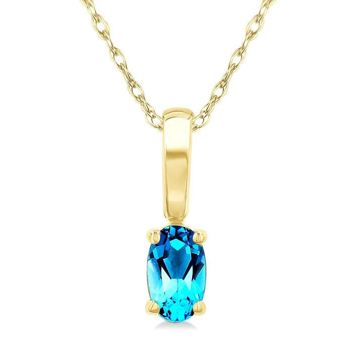 5X3 MM Oval Shape Blue Topaz Semi-Precious Solitaire Pendant With Chain in 10K Yellow Gold