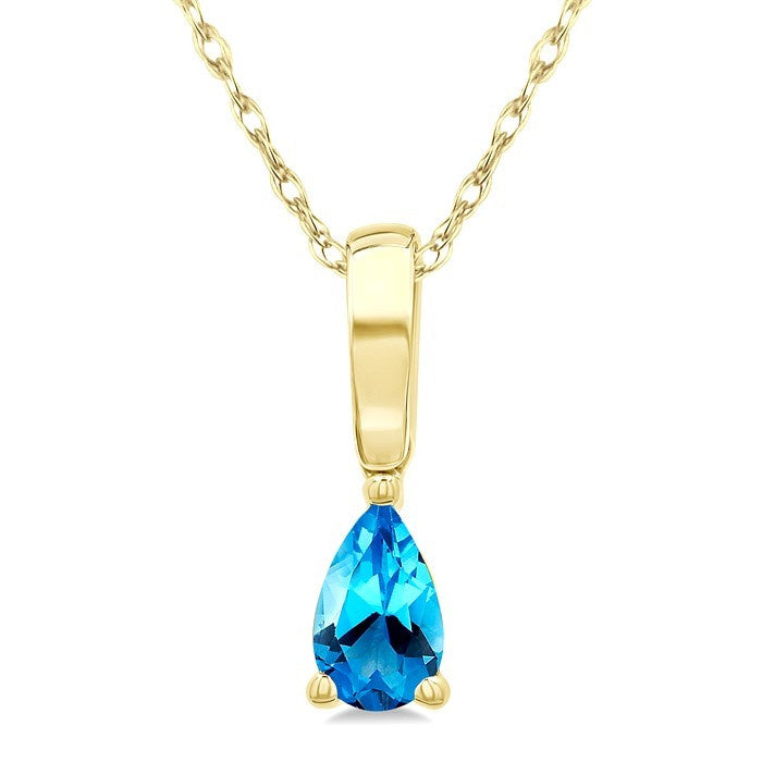 5X3 MM Pear Shape Blue Topaz Semi-Precious Solitaire Pendant With Chain in 10K Yellow Gold