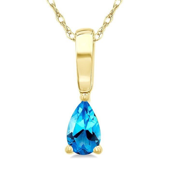 5X3 MM Pear Shape Blue Topaz Semi-Precious Solitaire Pendant With Chain in 10K Yellow Gold