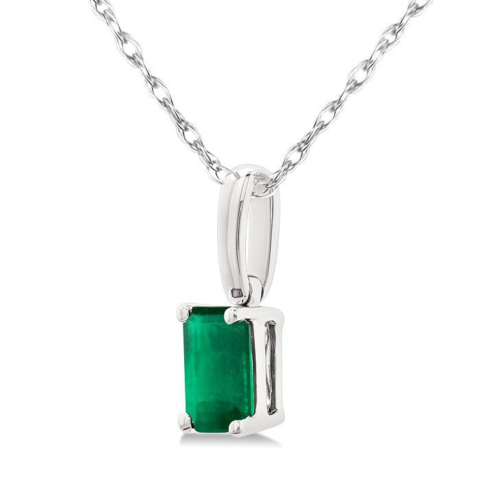 5X3 MM Octagon Shape Emerald Precious Solitaire Pendant With Chain in 10K White Gold