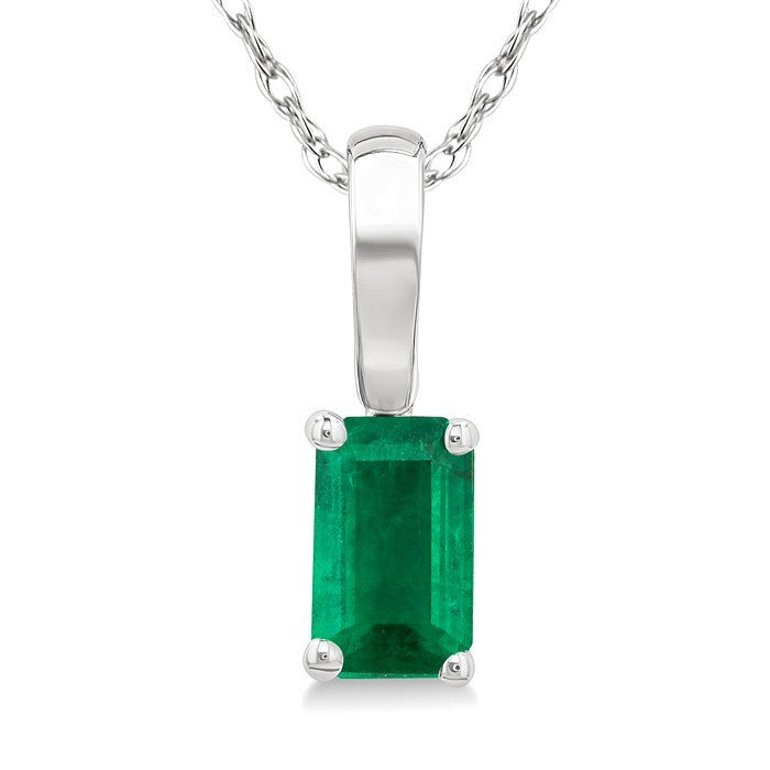 5X3 MM Octagon Shape Emerald Precious Solitaire Pendant With Chain in 10K White Gold