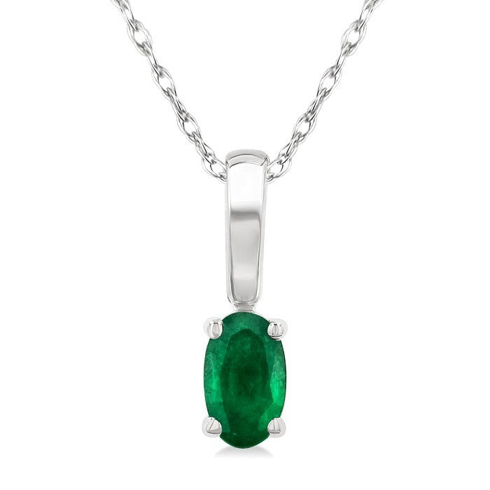 5X3 MM Oval Shape Emerald Precious Solitaire Pendant With Chain in 10K White Gold
