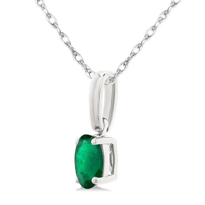 5X3 MM Oval Shape Emerald Precious Solitaire Pendant With Chain in 10K White Gold