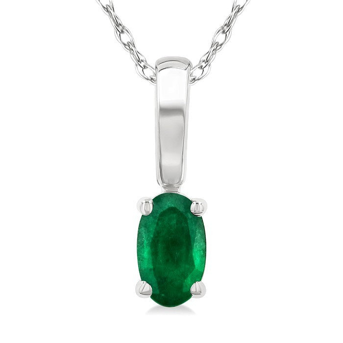 5X3 MM Oval Shape Emerald Precious Solitaire Pendant With Chain in 10K White Gold