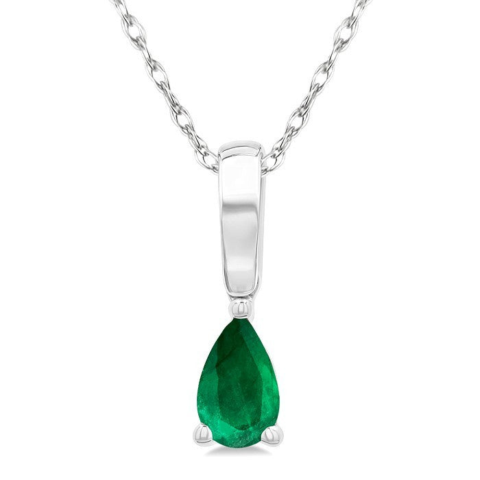 5X3 MM Pear Shape Emerald Precious Solitaire Pendant With Chain in 10K White Gold