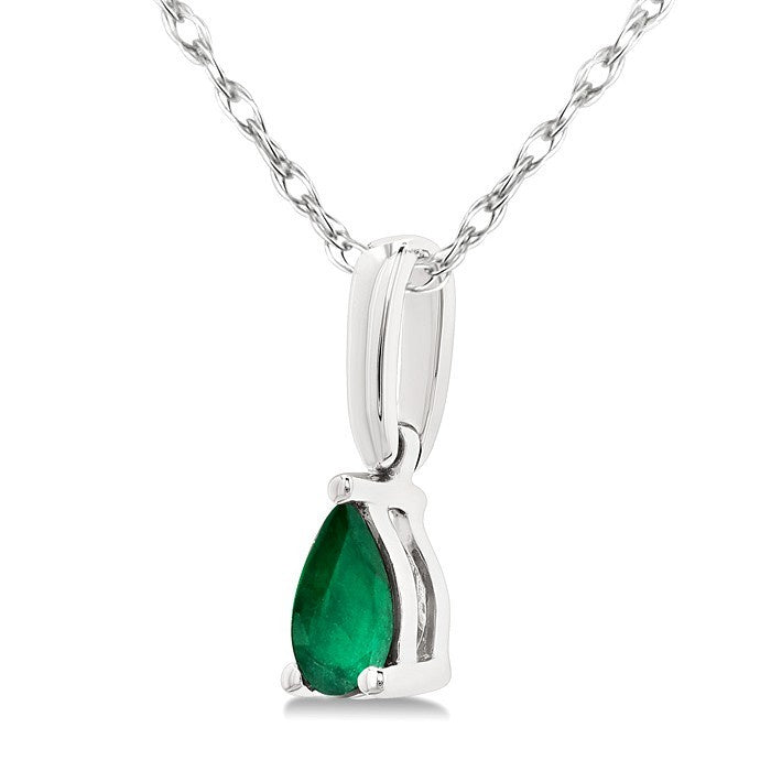 5X3 MM Pear Shape Emerald Precious Solitaire Pendant With Chain in 10K White Gold