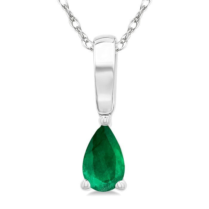 5X3 MM Pear Shape Emerald Precious Solitaire Pendant With Chain in 10K White Gold
