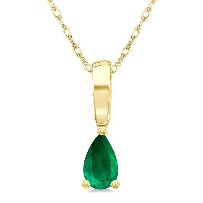 5X3 MM Pear Shape Emerald Precious Solitaire Pendant With Chain in 10K Yellow Gold