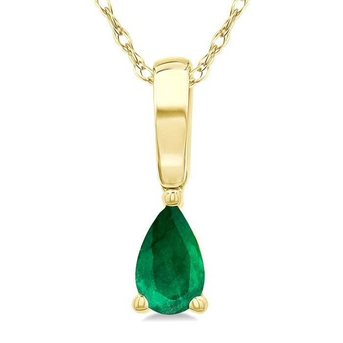 5X3 MM Pear Shape Emerald Precious Solitaire Pendant With Chain in 10K Yellow Gold