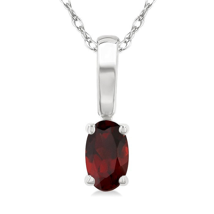 5X3 MM Oval Shape Garnet Semi-Precious Solitaire Pendant With Chain in 10K White Gold