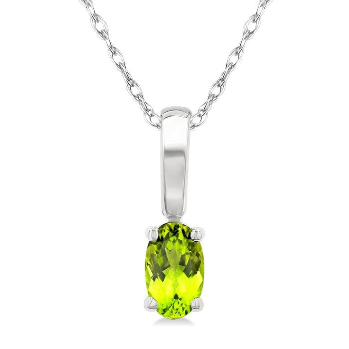 5X3 MM Oval Shape Peridot Semi-Precious Solitaire Pendant With Chain in 10K White Gold