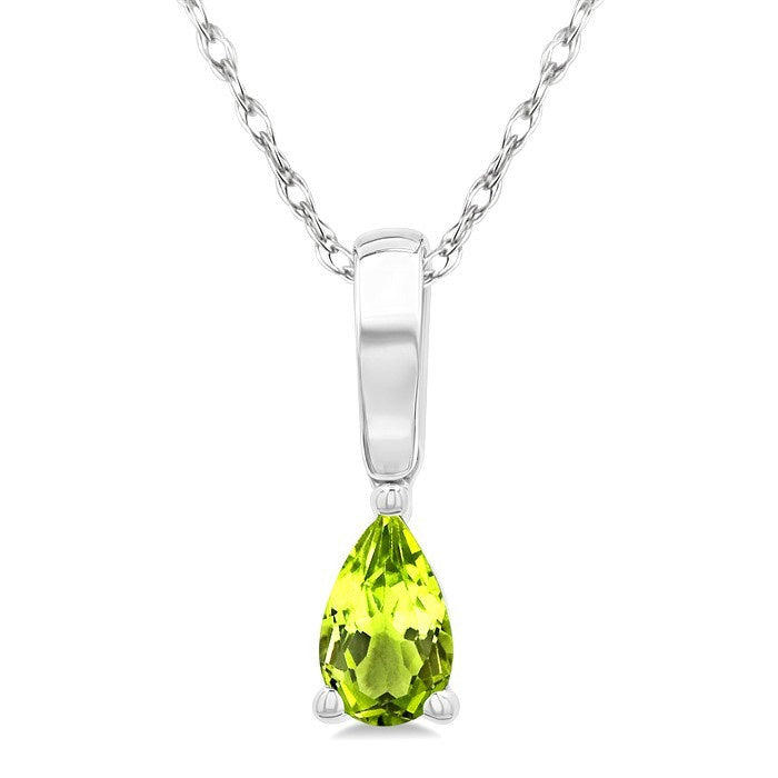 5X3 MM Pear Shape Peridot Semi-Precious Solitaire Pendant With Chain in 10K White Gold