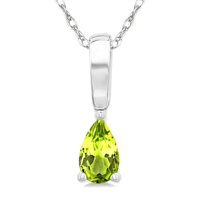 5X3 MM Pear Shape Peridot Semi-Precious Solitaire Pendant With Chain in 10K White Gold