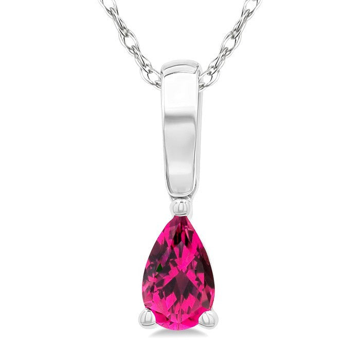 5X3 MM Pear Shape Pink Tourmaline Semi-Precious Solitaire Pendant With Chain in 10K White Gold