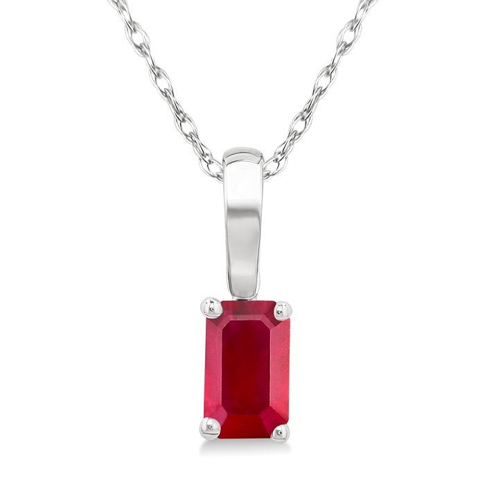 5X3 MM Octagon Shape Ruby Precious Solitaire Pendant With Chain in 10K White Gold