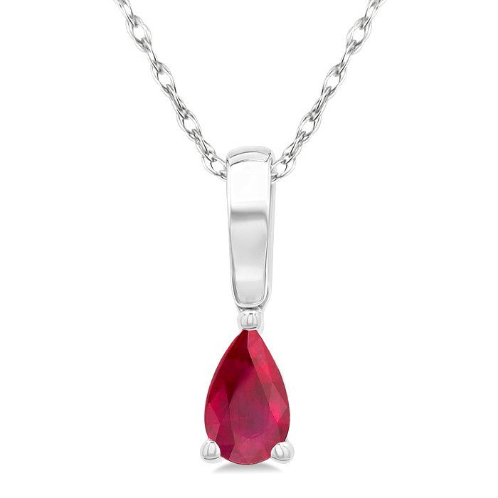 5X3 MM Pear Shape Ruby Precious Solitaire Pendant With Chain in 10K White Gold