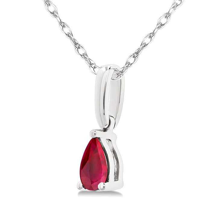 5X3 MM Pear Shape Ruby Precious Solitaire Pendant With Chain in 10K White Gold