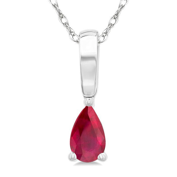 5X3 MM Pear Shape Ruby Precious Solitaire Pendant With Chain in 10K White Gold