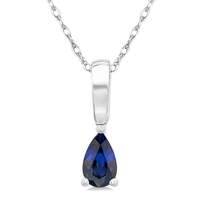 5X3 MM Pear Shape Sapphire Precious Solitaire Pendant With Chain in 10K White Gold