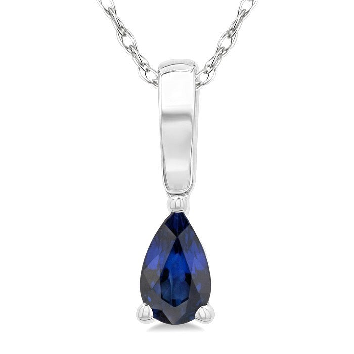 5X3 MM Pear Shape Sapphire Precious Solitaire Pendant With Chain in 10K White Gold