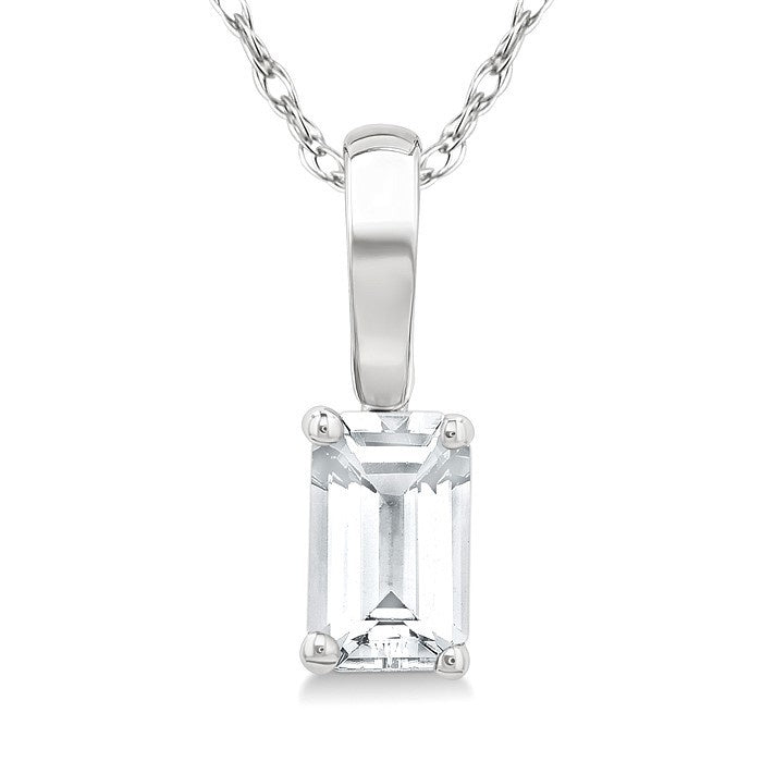 5X3 MM Octagon Shape White Topaz Semi-Precious Solitaire Pendant With Chain in 10K White Gold