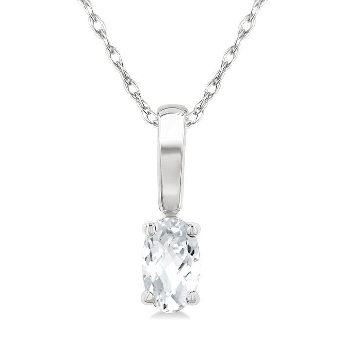 5X3 MM Oval Shape White Topaz Semi-Precious Solitaire Pendant With Chain in 10K White Gold