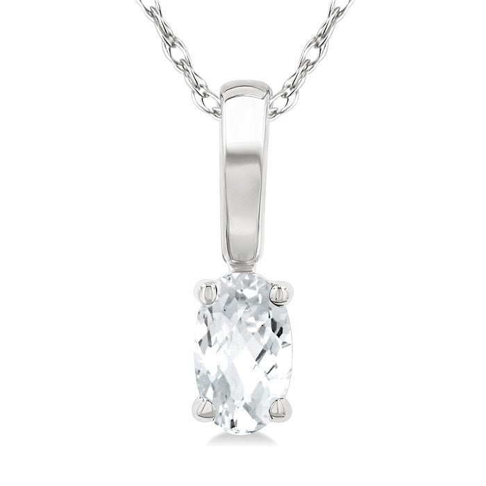 5X3 MM Oval Shape White Topaz Semi-Precious Solitaire Pendant With Chain in 10K White Gold