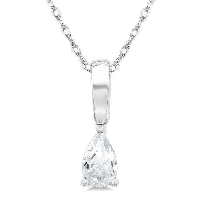 5X3 MM Pear Shape White Topaz Semi-Precious Solitaire Pendant With Chain in 10K White Gold