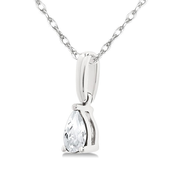 5X3 MM Pear Shape White Topaz Semi-Precious Solitaire Pendant With Chain in 10K White Gold