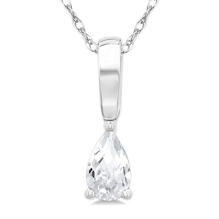 5X3 MM Pear Shape White Topaz Semi-Precious Solitaire Pendant With Chain in 10K White Gold