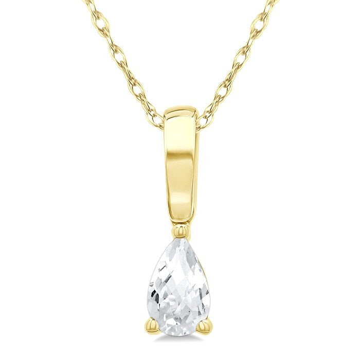 5X3 MM Pear Shape White Topaz Semi-Precious Solitaire Pendant With Chain in 10K Yellow Gold