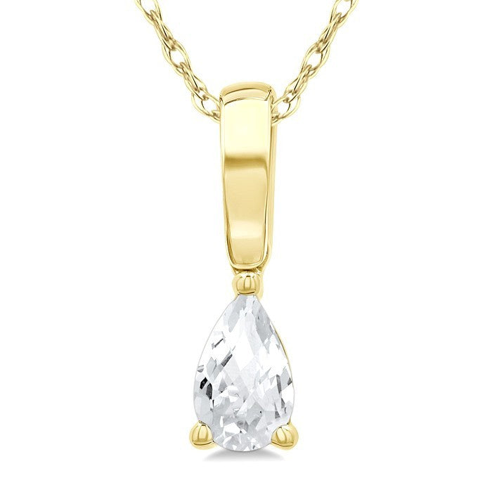 5X3 MM Pear Shape White Topaz Semi-Precious Solitaire Pendant With Chain in 10K Yellow Gold
