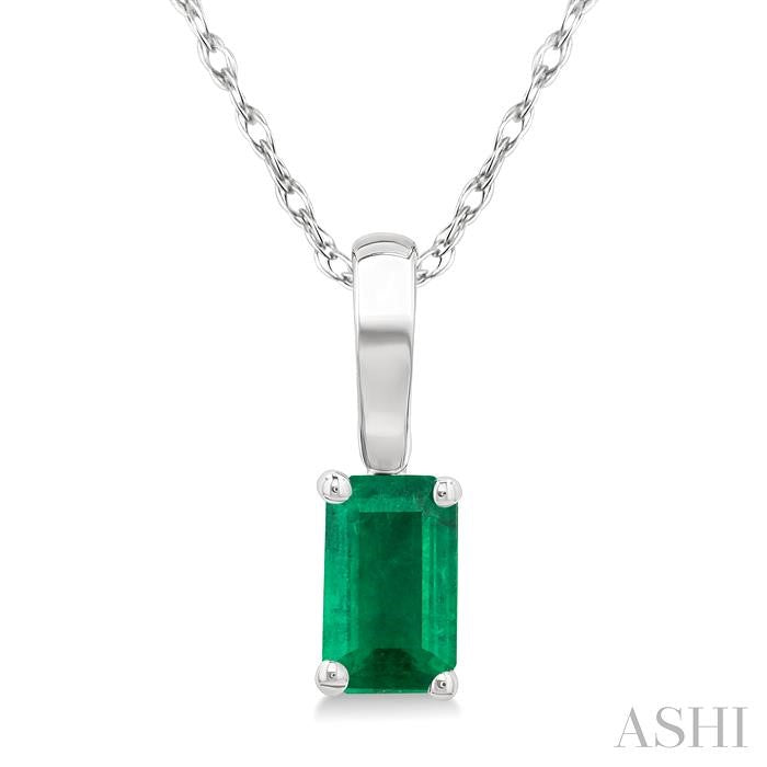 5X3 MM Octagon Shape Emerald Precious Solitaire Pendant With Chain in 14K White Gold