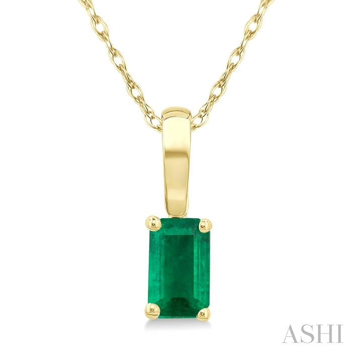 5X3 MM Octagon Shape Emerald Precious Solitaire Pendant With Chain in 14K Yellow Gold