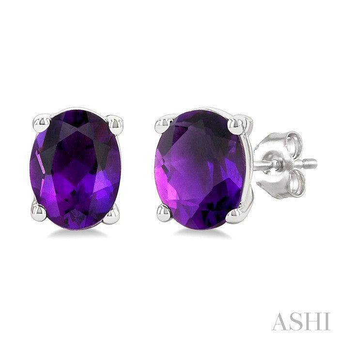4X3 MM Oval Shape Amethyst Semi-Precious Stud Earrings in 10K White Gold